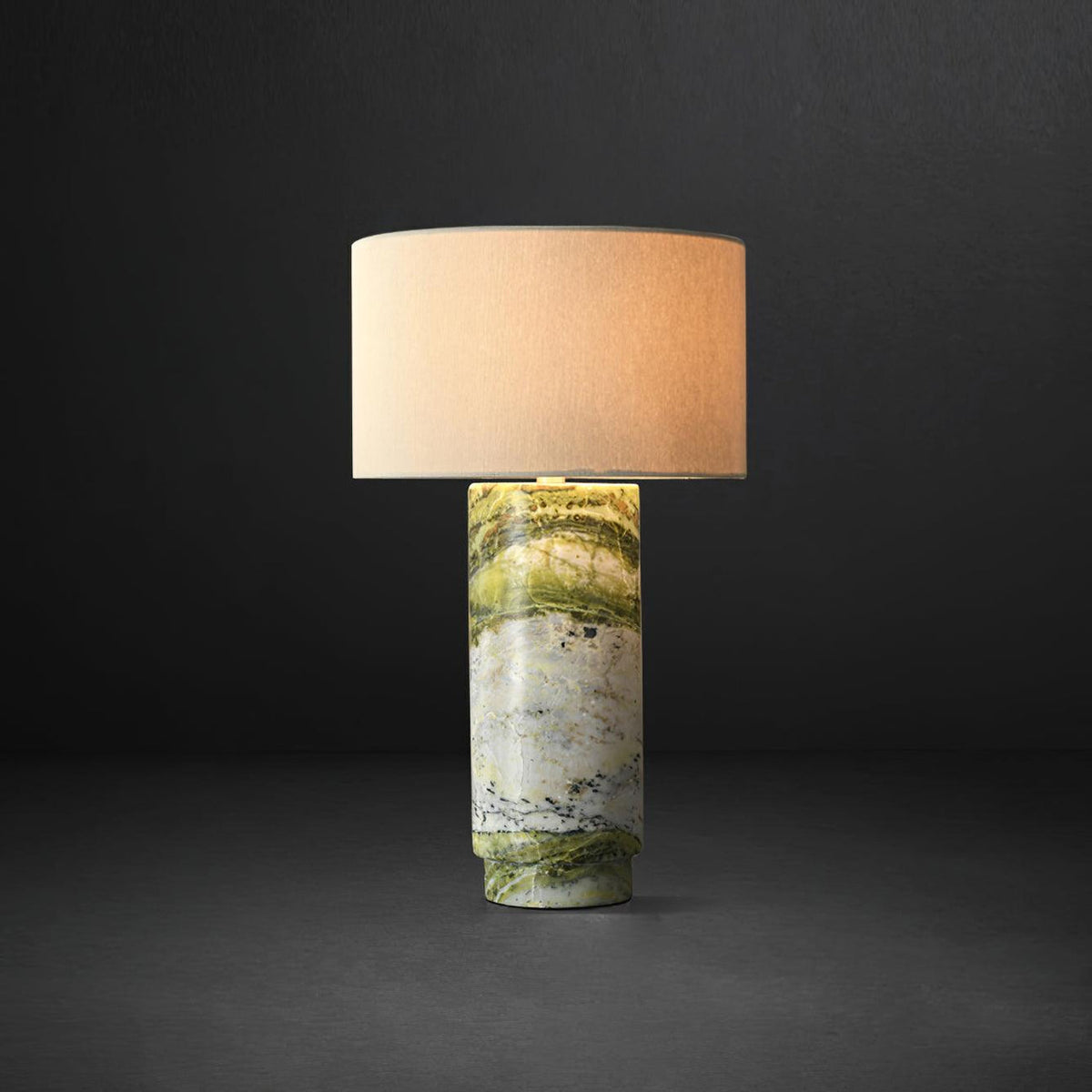 Terra Marble Table Lamp with Fabric Shade — D 33cm x H 57cm / ∅ 13″ x H 22.4″; Green Marble + Whtie