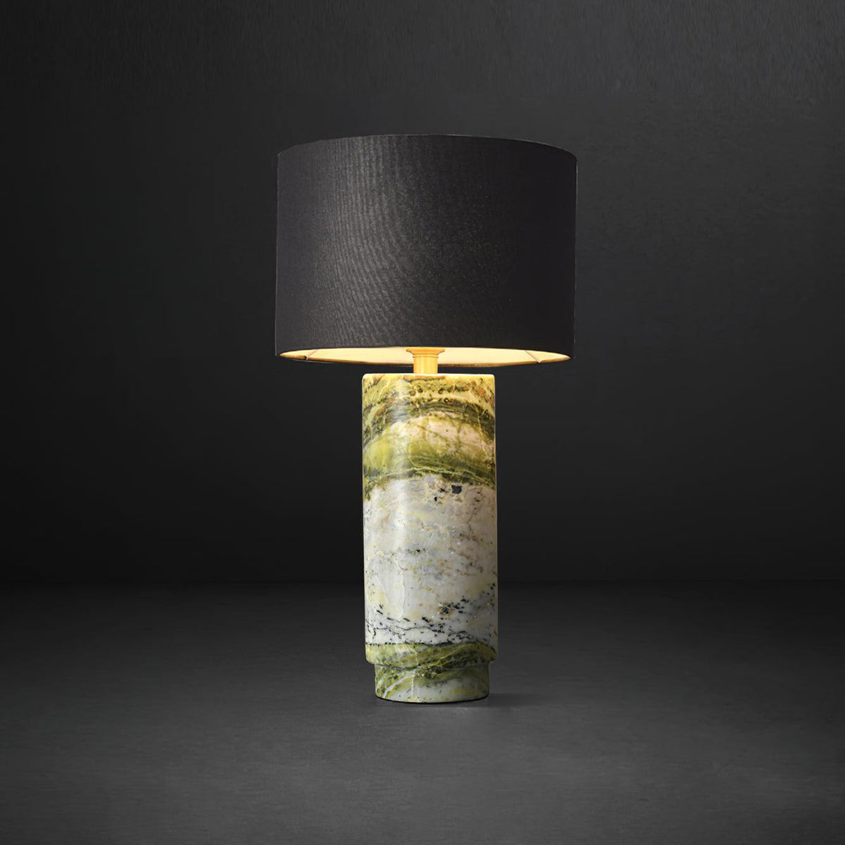 Terra Marble Table Lamp with Fabric Shade — D 33cm x H 57cm / ∅ 13″ x H 22.4″; Green Marble + Black