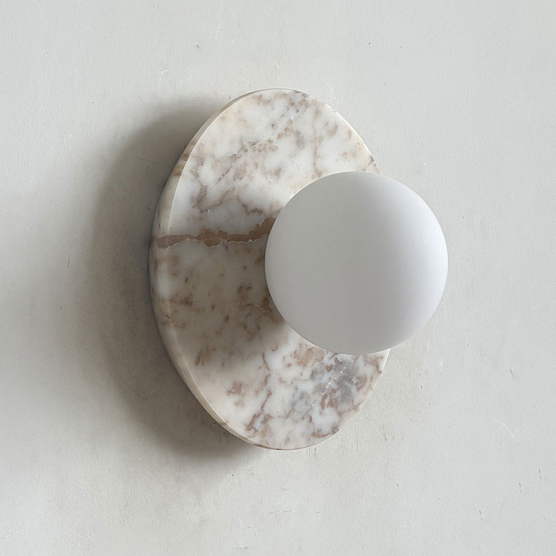 Leora Organic Modern Stone Wall Sconce — D 20cm x W 13cm x H 20cm / ∅ 7.9″ x W 5.1″ x H 7.9″; White marble; White Glass