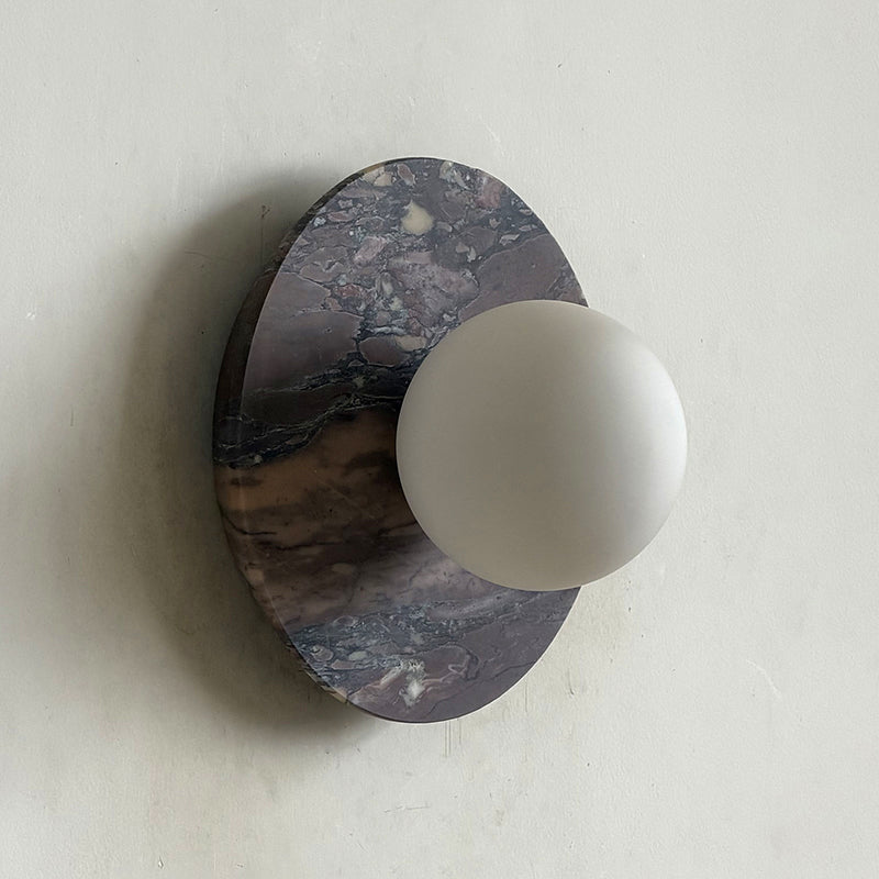 Leora Organic Modern Stone Wall Sconce — D 20cm x W 13cm x H 20cm / ∅ 7.9″ x W 5.1″ x H 7.9″; Purple marble; White Glass