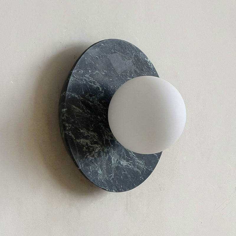 Leora Organic Modern Stone Wall Sconce — D 20cm x W 13cm x H 20cm / ∅ 7.9″ x W 5.1″ x H 7.9″; Green marble; White Glass