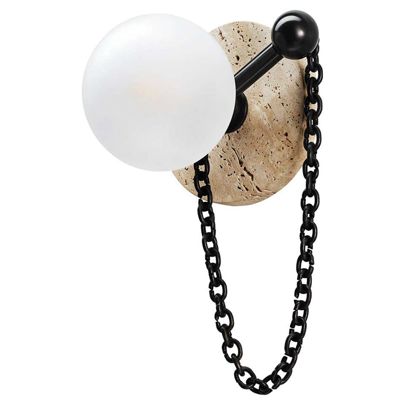 Alla Stone Wall Sconce with Glass Shade — L 13.5cm x W 15cm x H 21cm / L 5.3″ x W 5.9″ x H 8.3″; Beige Travertine & Black chain
