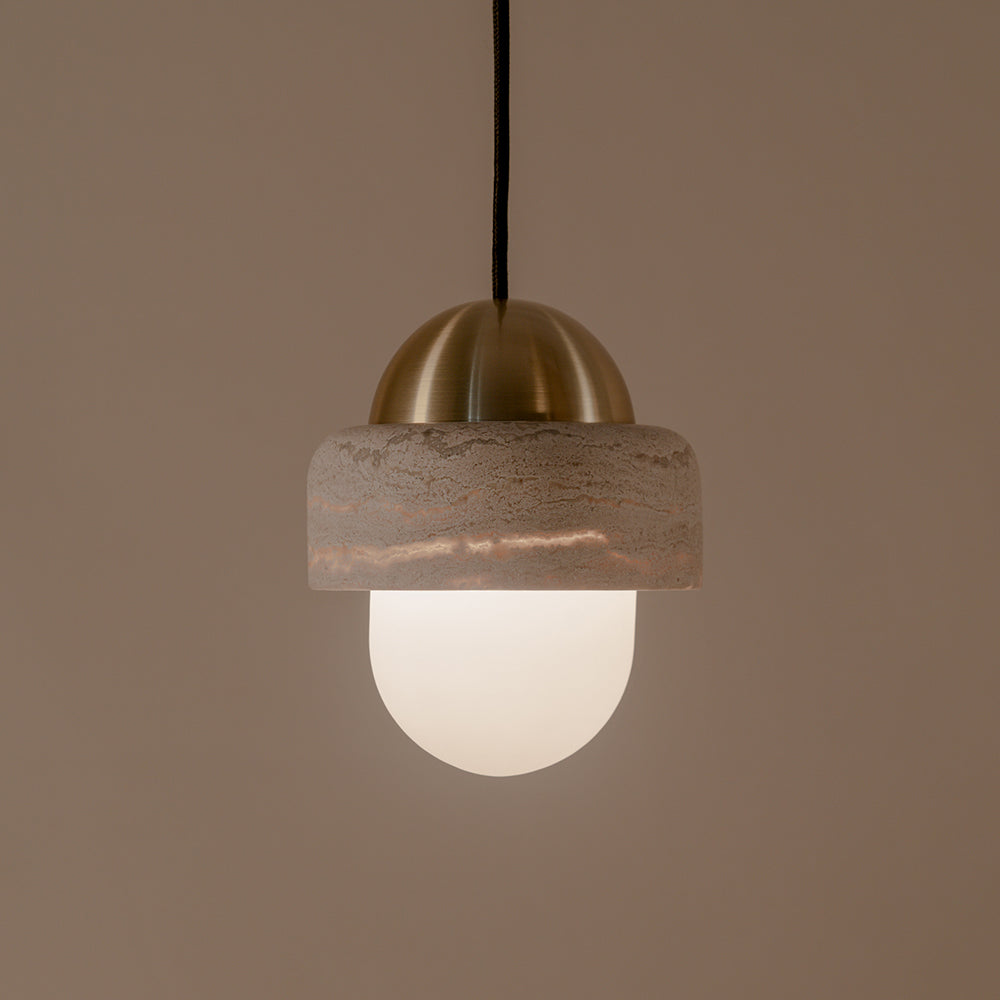 Naga Marble Pendant Light — D 14.5cm x H 18cm / ∅ 5.7″ x H 7.1″; Weathered Brass & Beige