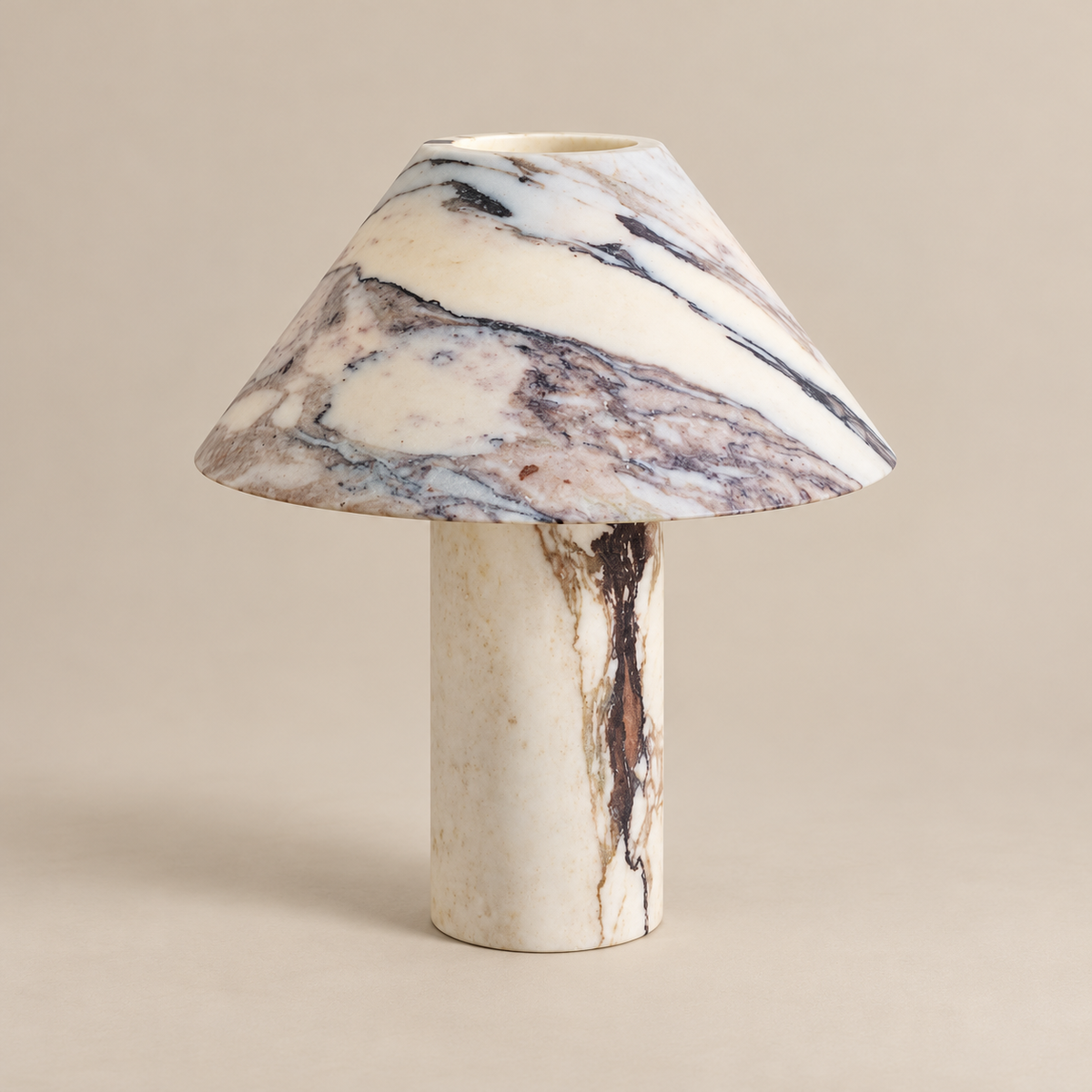Pillar Stone Mushroom Table Lamp on a warm greige background; Cream purple breccia marble, lamp off