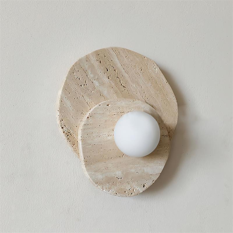 Astr Layered Stone Globe Wall Sconce — D 25cm x W 15cm x H 28cm / ∅ 9.8″ x W 5.9″ x H 11″; Beige Travertine