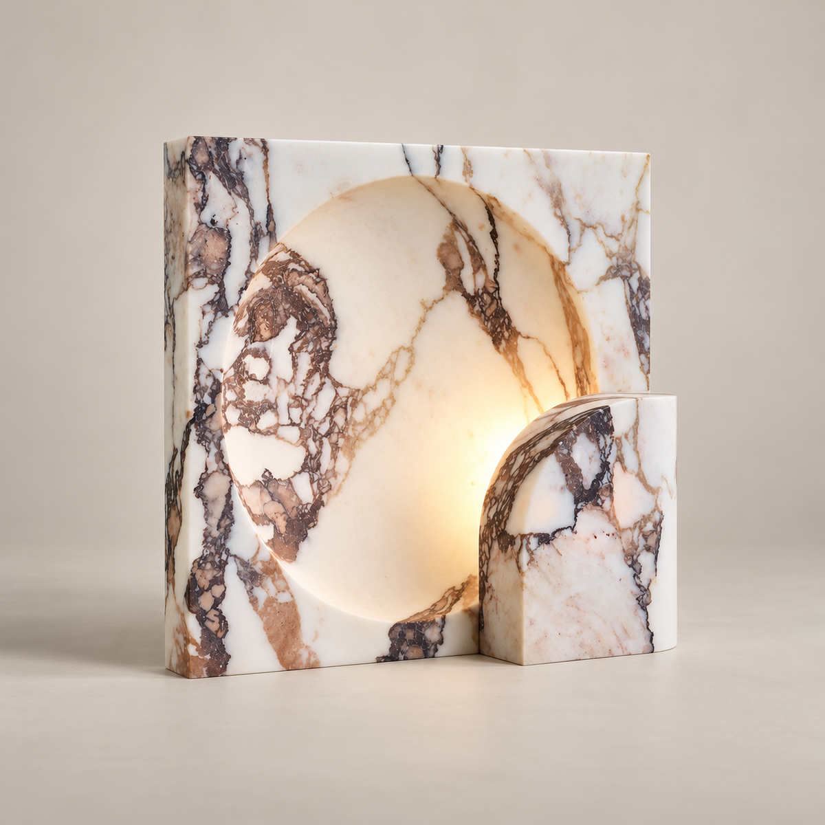 Block Piece Marble LED Table Lamp on a warm greige background; Right orientation cream purple marble LED lamp