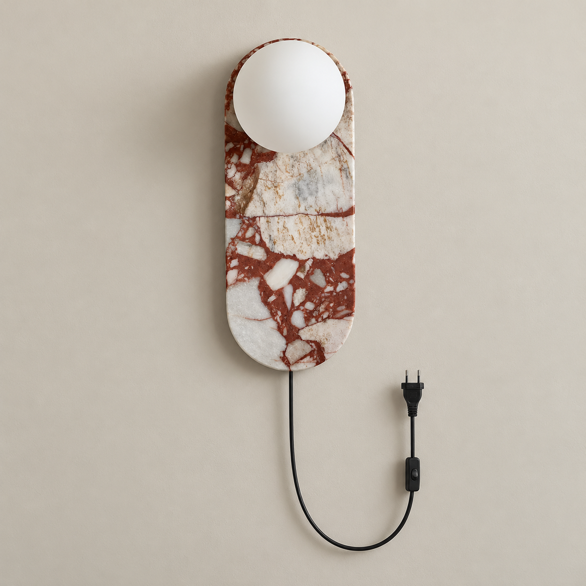 Lucie Red Plug-In Marble Wall Sconce on a warm greige background; Red and white marble plug-in wall lamp, off