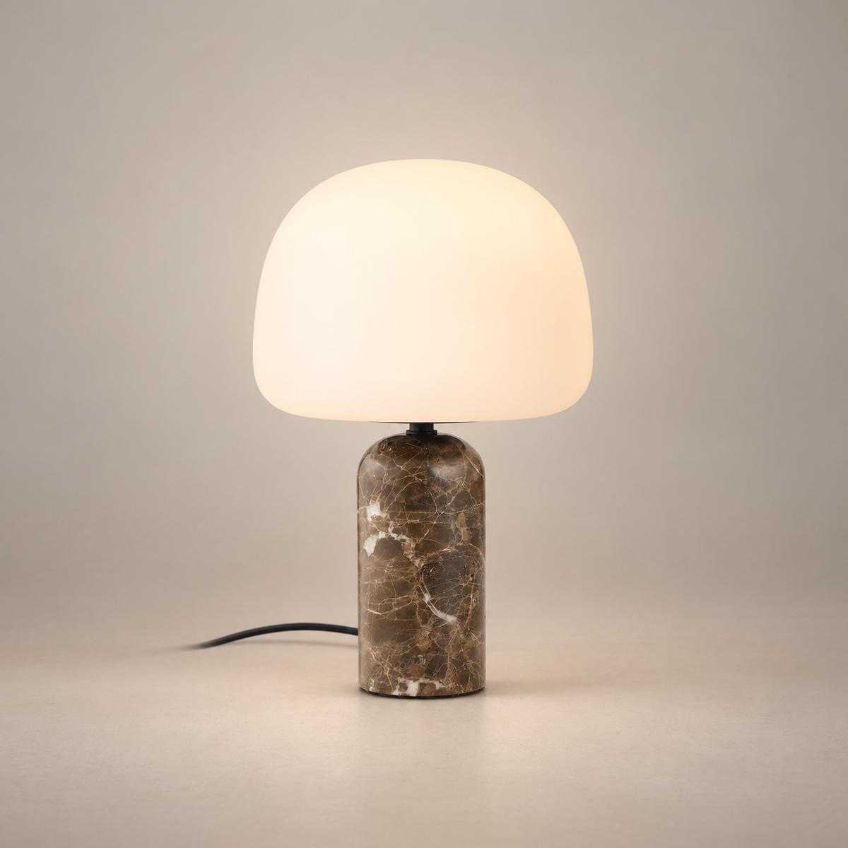 Kin Marble Table Lamp with Glass Shade on a warm greige background; Brown marble and opal glass, 33 cm on
