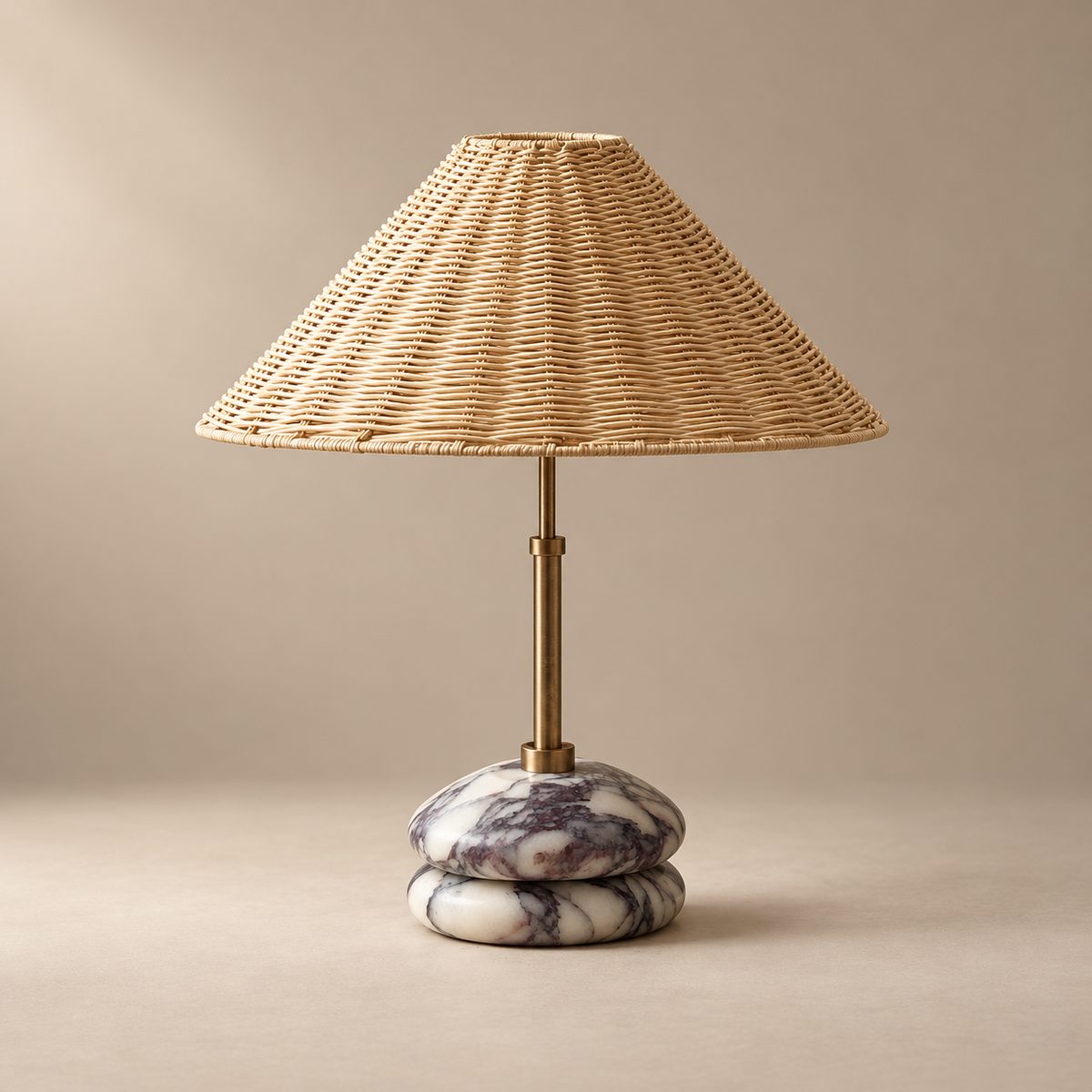 Mission Japandi Marble Table Lamp on a warm greige background; Rattan shade white purple marble and brass, off