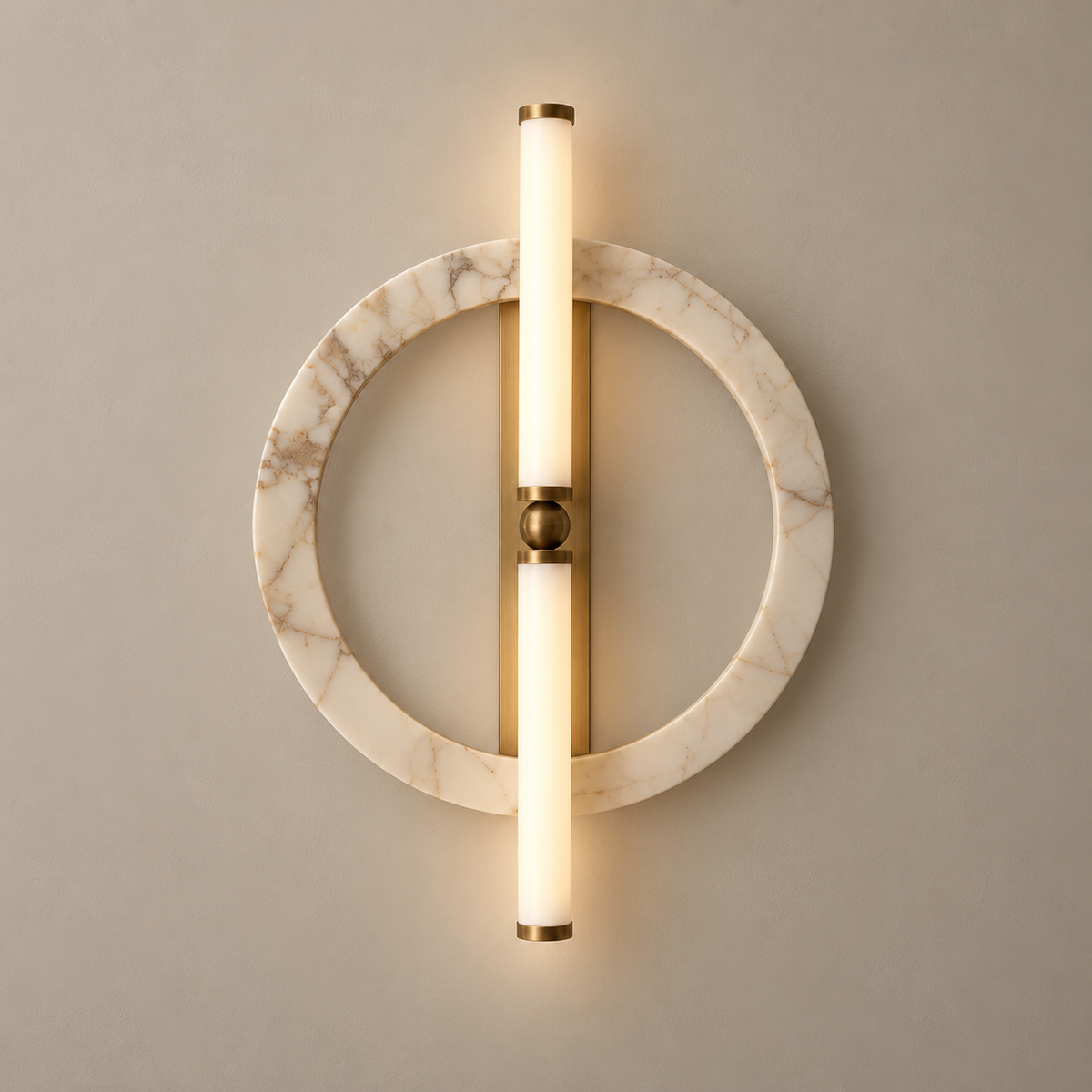 Marble, Travertine and Onyx Wall Sconce Designs on a warm greige background; Design N43 marble ring and brass light bars