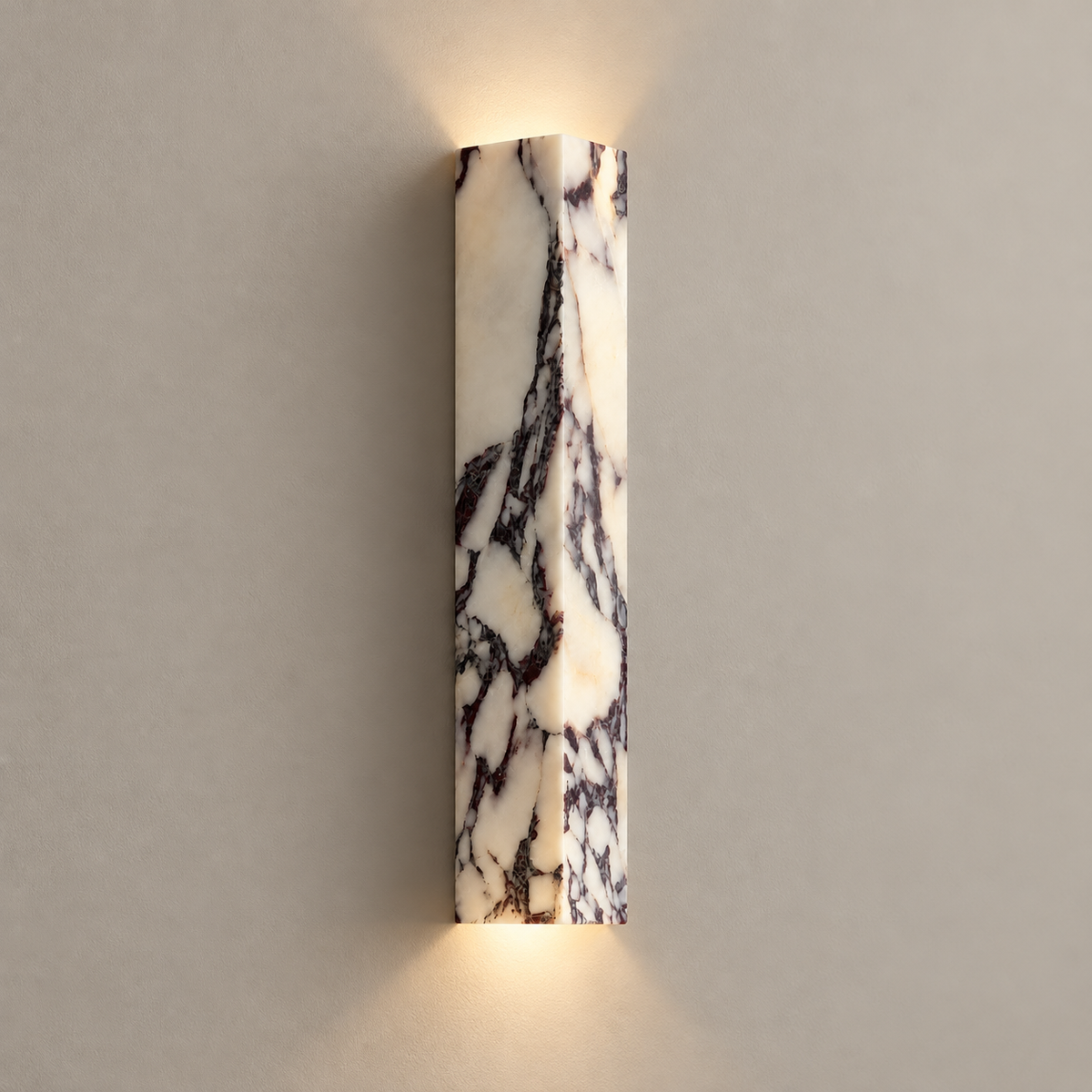 Corvessa Marble LED Wall Sconce on a warm greige background; Purple white marble slim up-down wall sconce