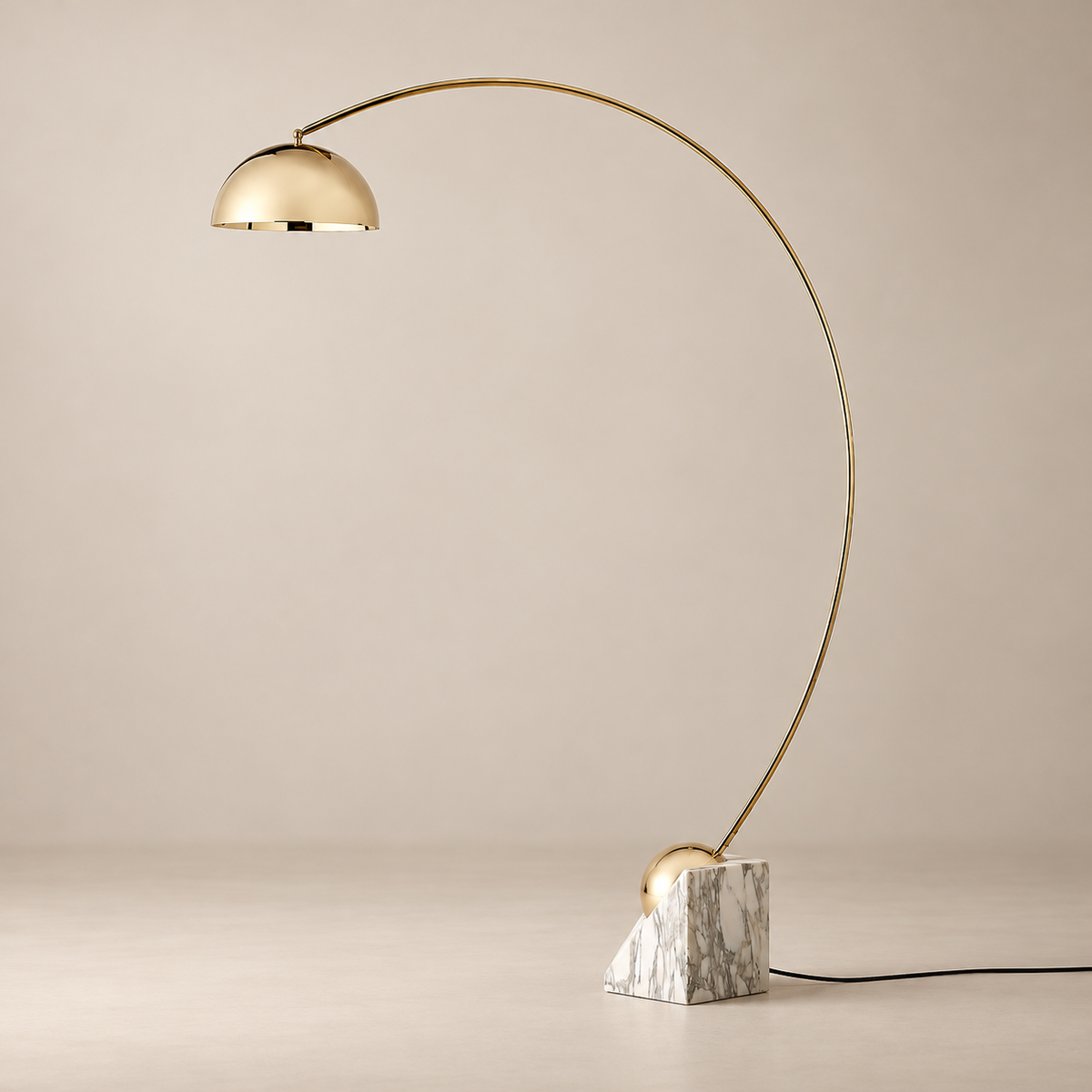 Venus Art Deco Marble Floor Lamp on a warm greige background; White marble wedge base, polished brass arc