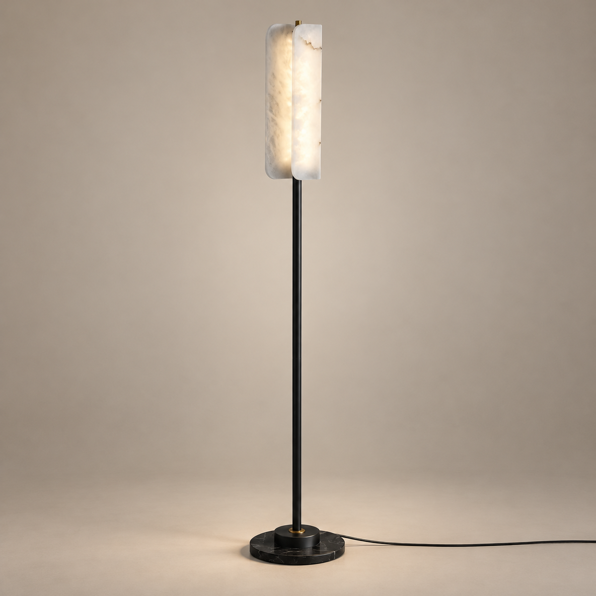 Years Alabaster LED Floor Lamp on a warm greige background; Black stem/base, white alabaster double panel