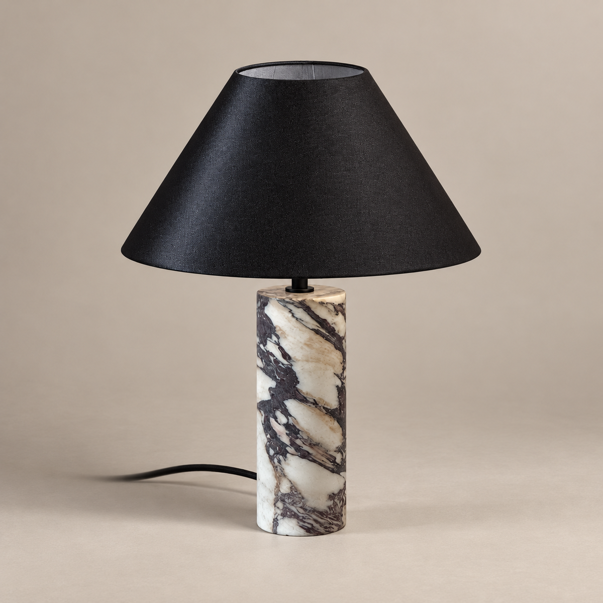 Morola Marble Table Lamp with Fabric Shade on a warm greige background; Purple white marble column, black fabric shade