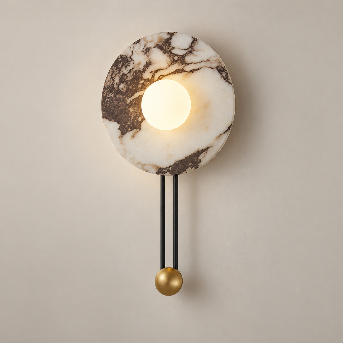 Rambla Art Deco Marble Wall Sconce on a warm greige background; White dark breccia disc, twin black rods and brass terminal