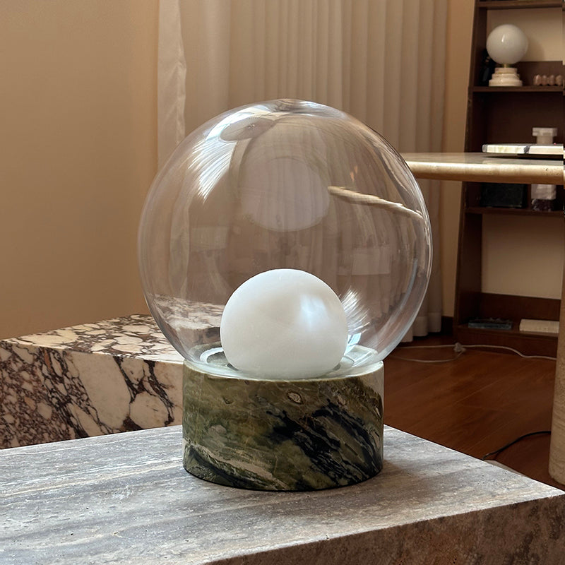 Boule Marble Table Lamp with Glass Shade — D 30cm x H 37cm / ∅ 11.8″ x H 14.6″; Clear Glass