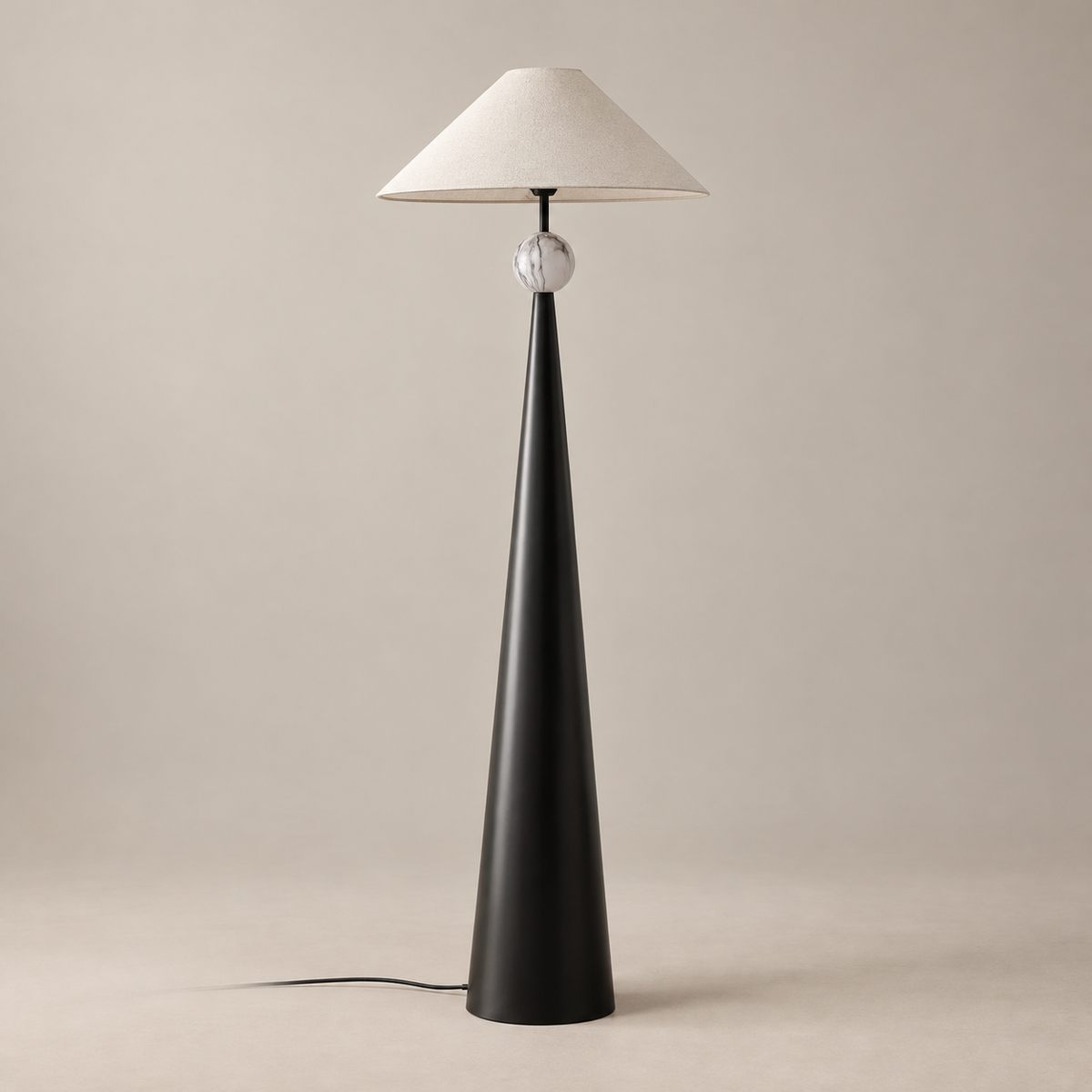 Innes Marble-Look Floor Lamp with Fabric Shade on a warm greige background; Black cone floor lamp, white grey marble look sphere