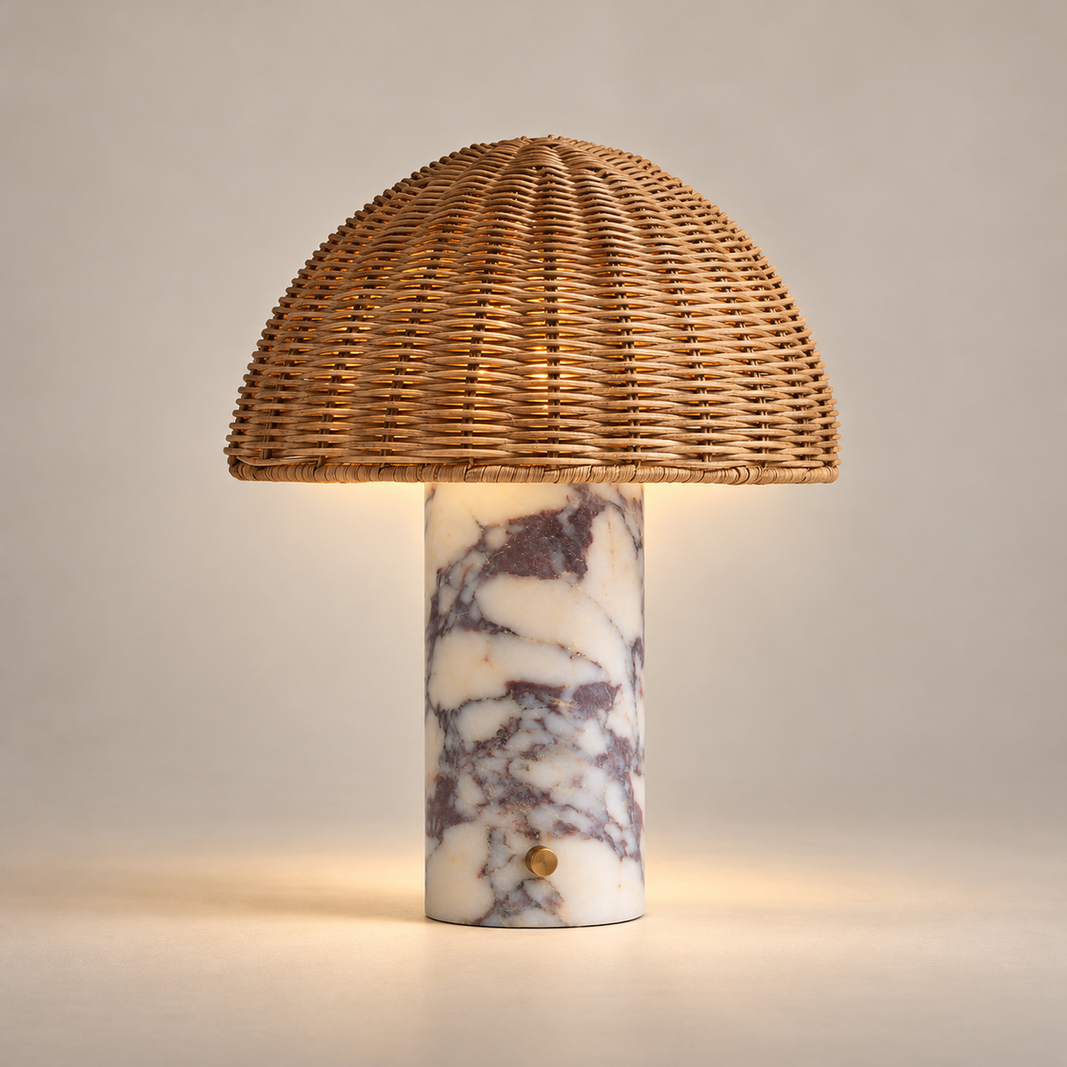 Seine Japandi Marble Table Lamp on a warm greige background; White purple marble cylinder, woven rattan hemispherical shade
