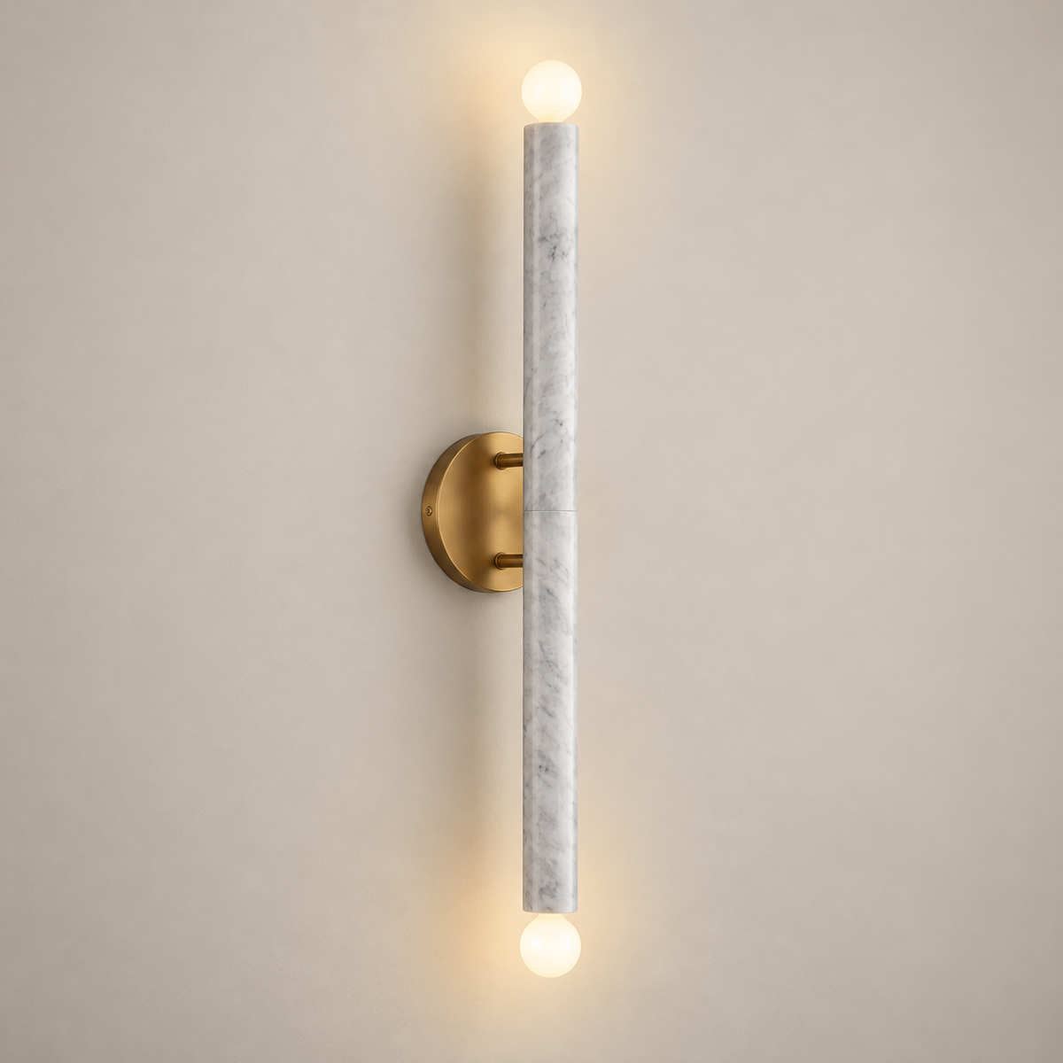 Callaway Minimalist Marble Wall Sconce on a warm greige background; White grey marble vertical rod, burnished brass wall mount