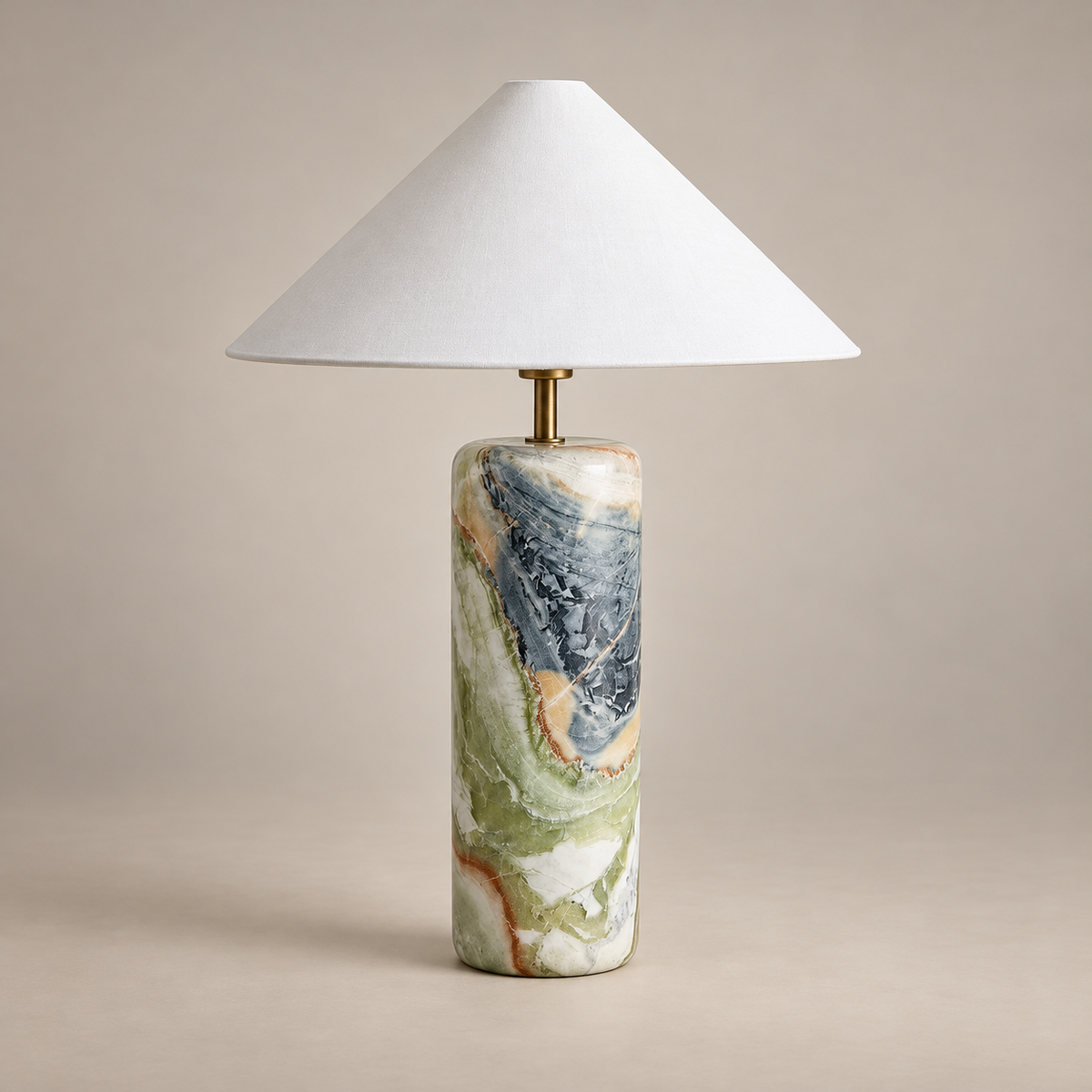 Tall Traditional Floral Marble Table Lamp on a warm greige background; Tall green veined stone cylinder and white cone shade