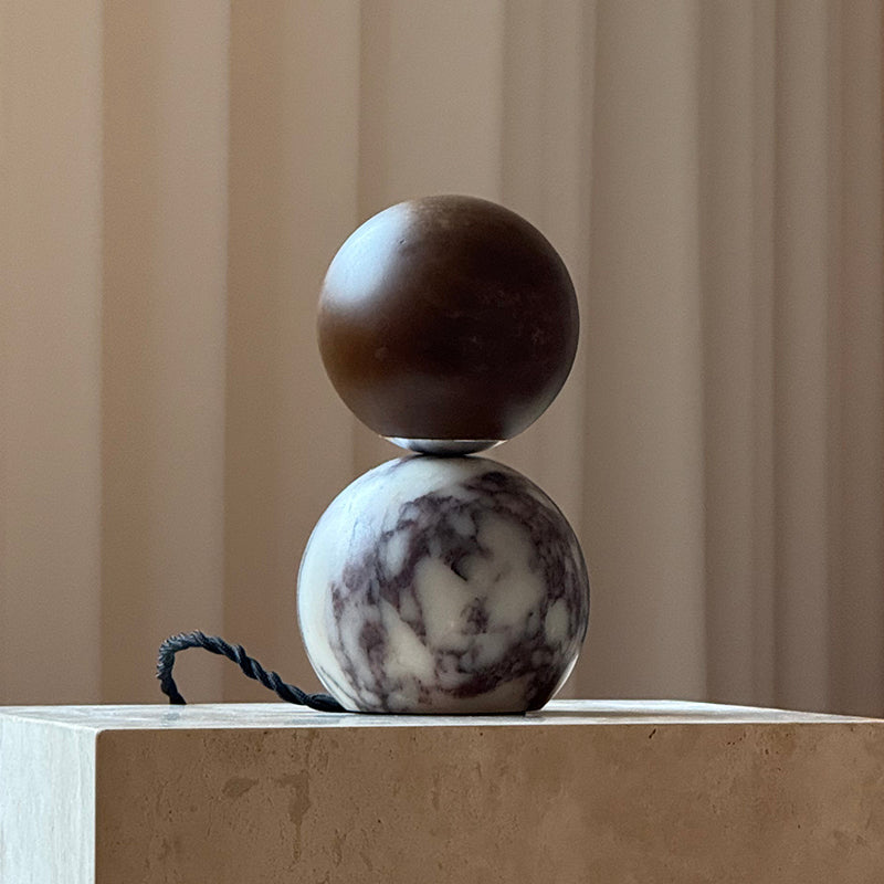 Lucide Mid-Century Marble Table Lamp — D 11cm x H 20cm / ∅ 4.3″ x H 7.9″; Purple marble & Dark brown alabaster
