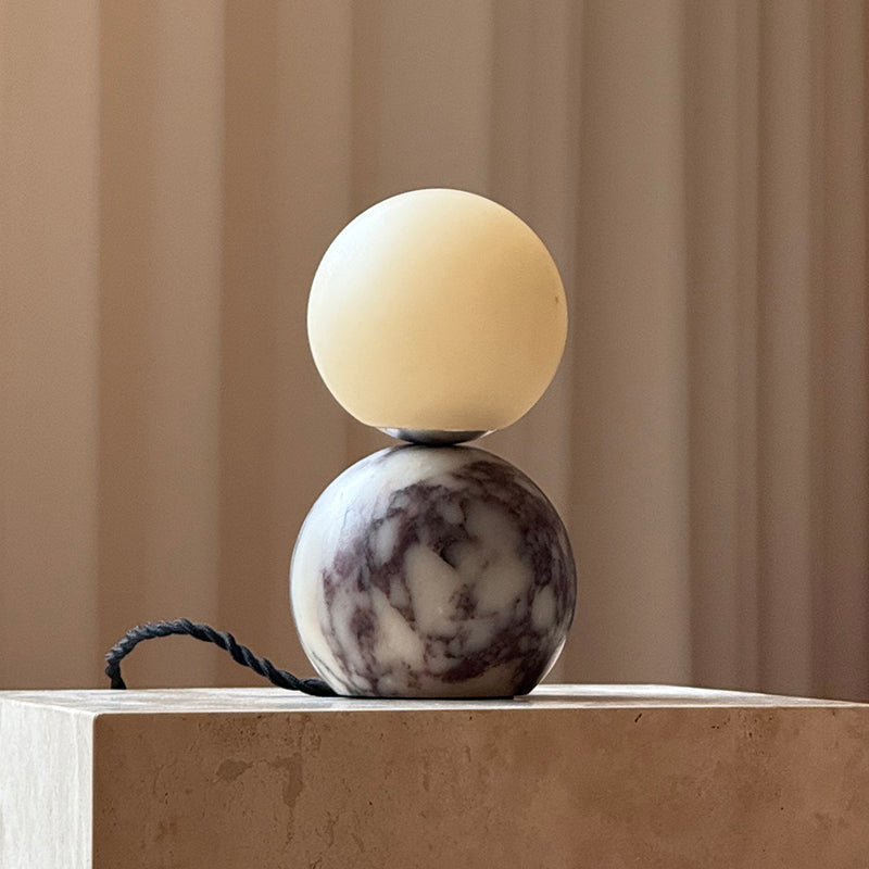Lucide Mid-Century Marble Table Lamp — D 11cm x H 20cm / ∅ 4.3″ x H 7.9″; Purple marble & Beige alabaster