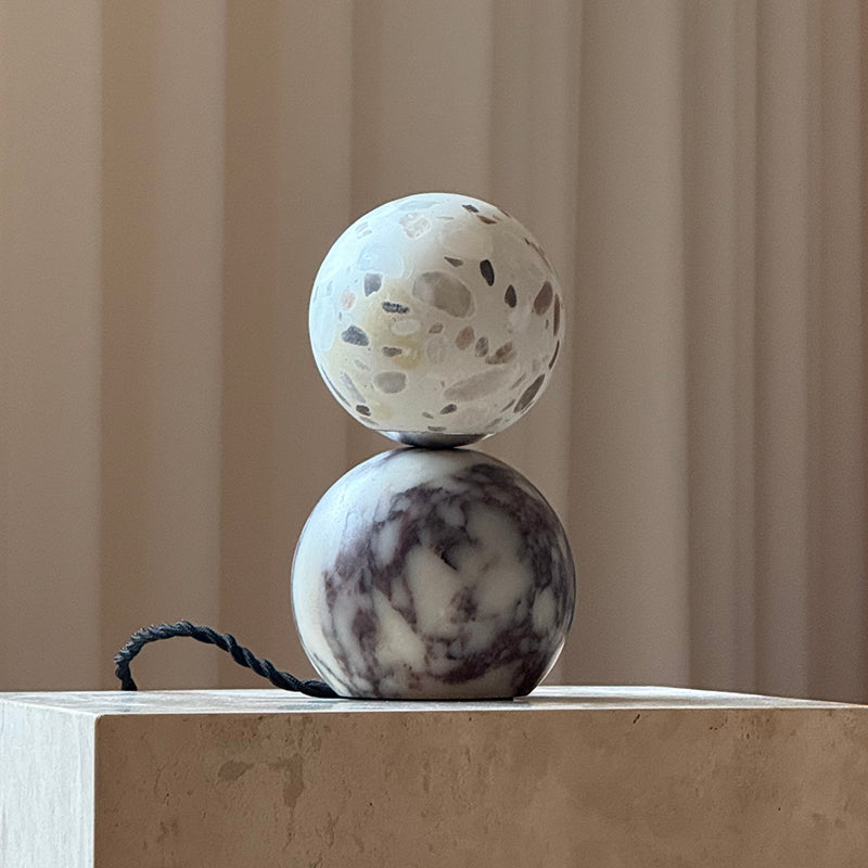 Lucide Mid-Century Marble Table Lamp — D 11cm x H 20cm / ∅ 4.3″ x H 7.9″; Purple marble & White terrazzo