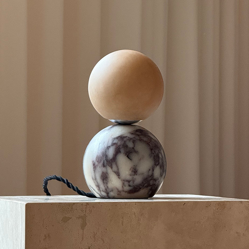 Lucide Mid-Century Marble Table Lamp — D 11cm x H 20cm / ∅ 4.3″ x H 7.9″; Purple marble & Brown alabaster