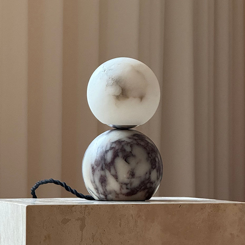 Lucide Mid-Century Marble Table Lamp — D 11cm x H 20cm / ∅ 4.3″ x H 7.9″; Purple marble & White alabaster