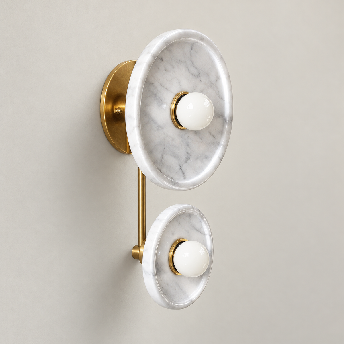 Drios Marble or Onyx Wall Sconce on a warm greige background; White marble double saucer wall sconce