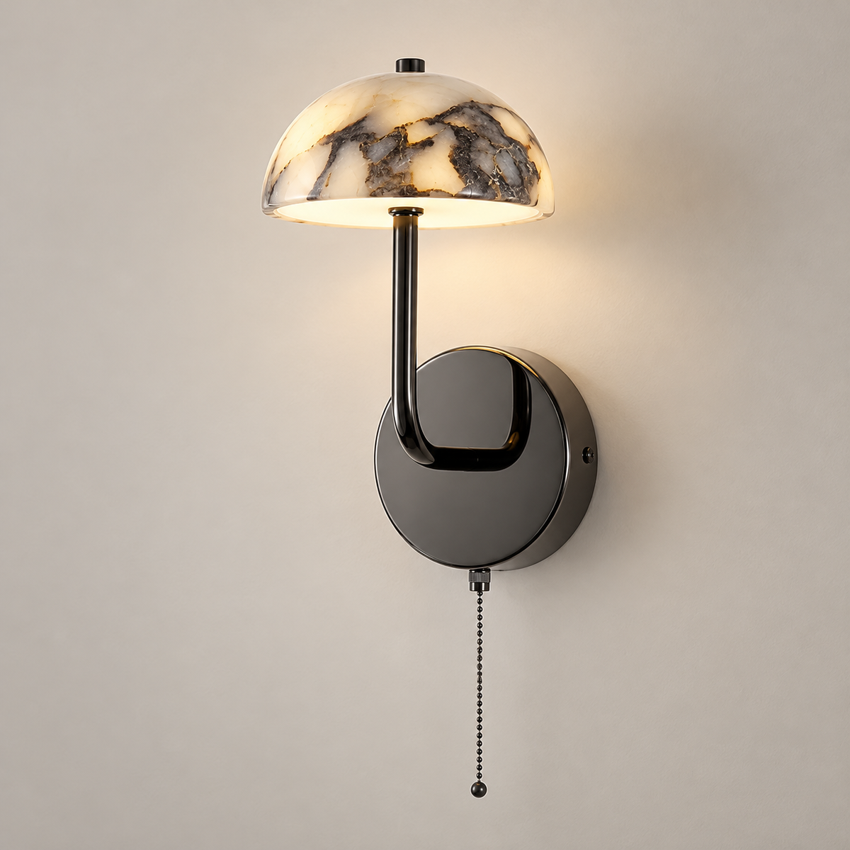 Dussa Marble LED Wall Sconce on a warm greige background; Black metal wall sconce and white purple marble dome