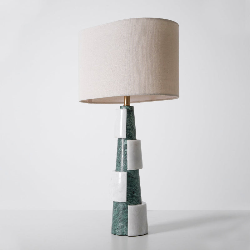 Misha Marble Table Lamp with Fabric Shade — D 34cm x W 21cm x H 63cm / ∅ 13.4″ x W 8.3″ x H 24.8″; Green & Wheat color