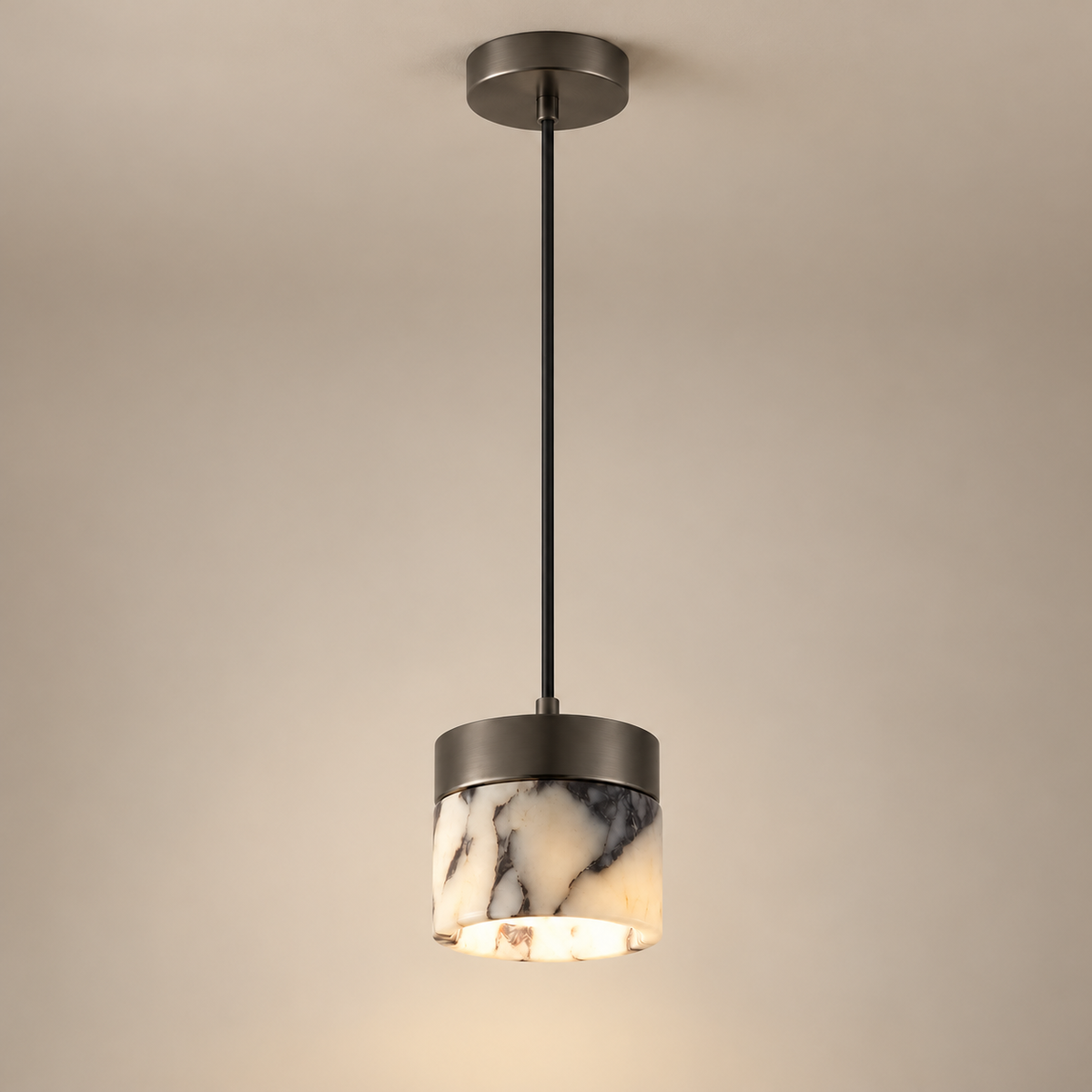 Round Stone Mini Pendant Light on a warm greige background; White purple stone cylinder mini pendant and black mount