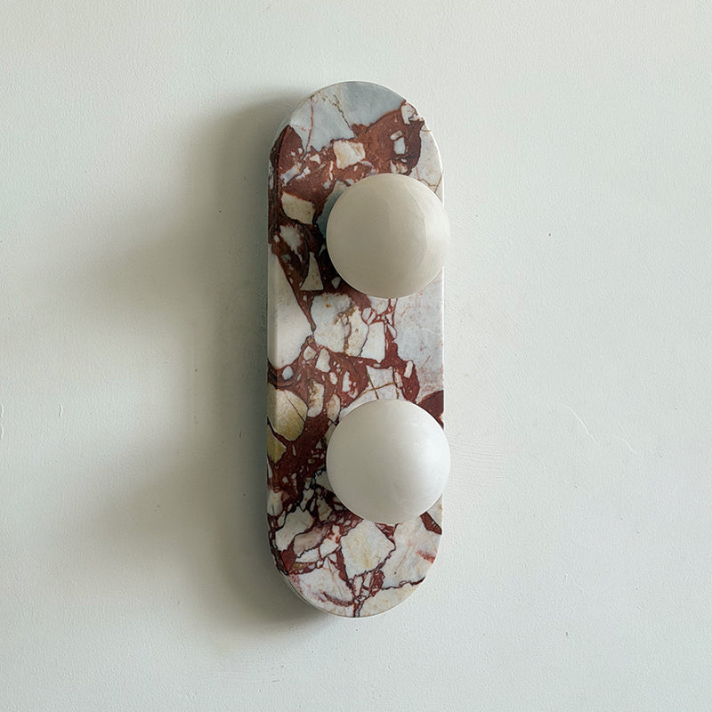 Gramercy Marble Globe Wall Sconce — D 16cm x H 44cm / ∅ 6.3″ x H 17.3″; Red & White Alabaster