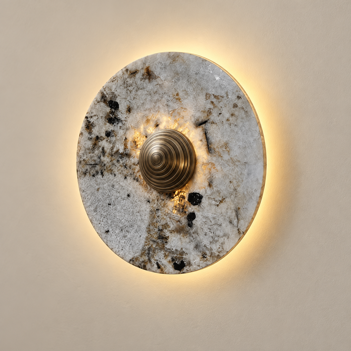 Lucie Round Marble LED Wall Sconce on a warm greige background