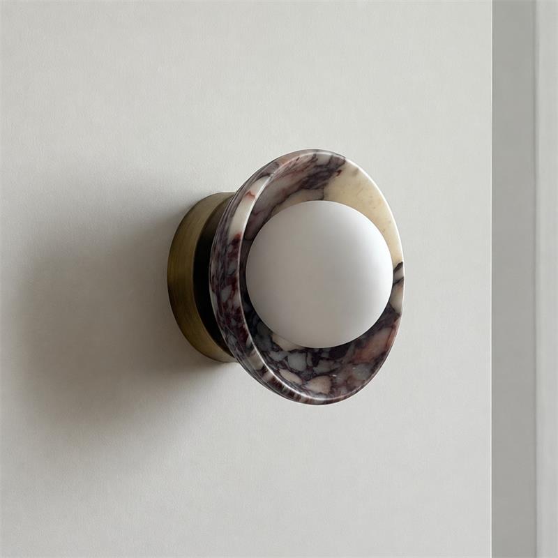 Avelune Organic Modern Marble Wall Sconce — D 17cm x W 13cm x H 17cm / ∅ 6.7″ x W 5.1″ x H 6.7″; Purple marble & White glass