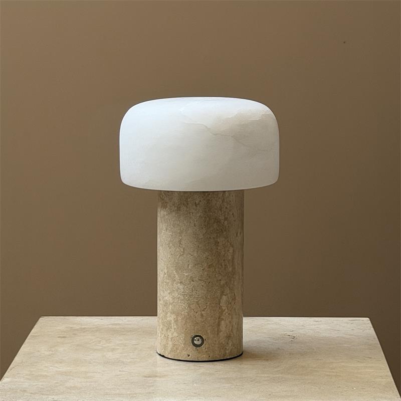 Sorvane Marble Alabaster Rechargeable Table Lamp — D 12.5cm × H 21cm / ∅ 4.9″ × H 8.3″; Beige Travertine & White Alabaster; Touch Switch (Trichromatic dimming)