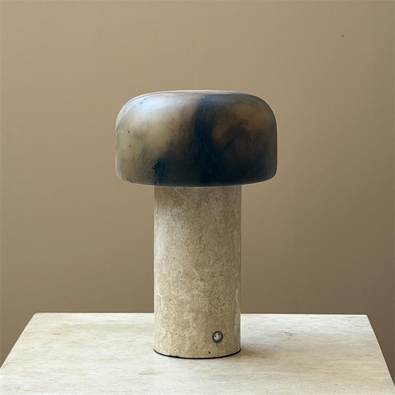 Sorvane Marble Alabaster Rechargeable Table Lamp — D 12.5cm × H 21cm / ∅ 4.9″ × H 8.3″; Beige Travertine & Tobacco Color Alabaster; Touch Switch (Trichromatic dimming)