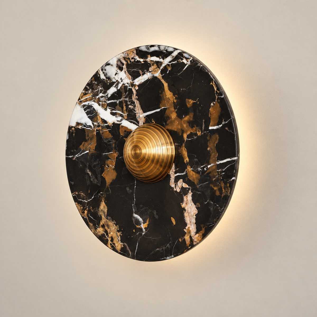Lucie Black Gold Marble LED Wall Sconce on a warm greige background