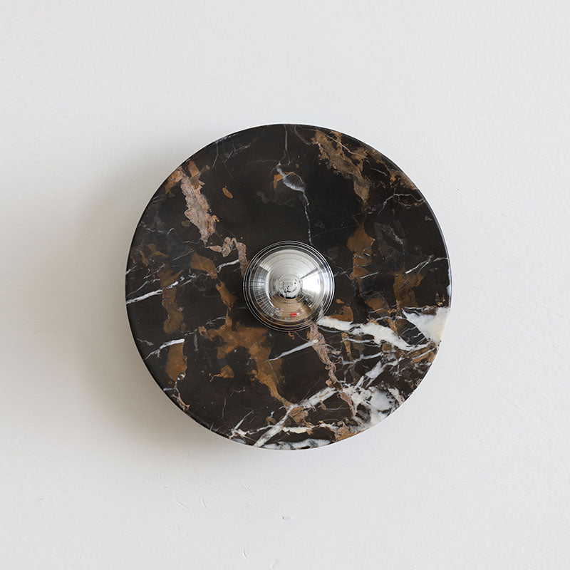 Lucie Black Gold Marble LED Wall Sconce — D 25cm x H 25cm / ∅ 9.8″ x H 9.8″; Black gold & Polished Chrome