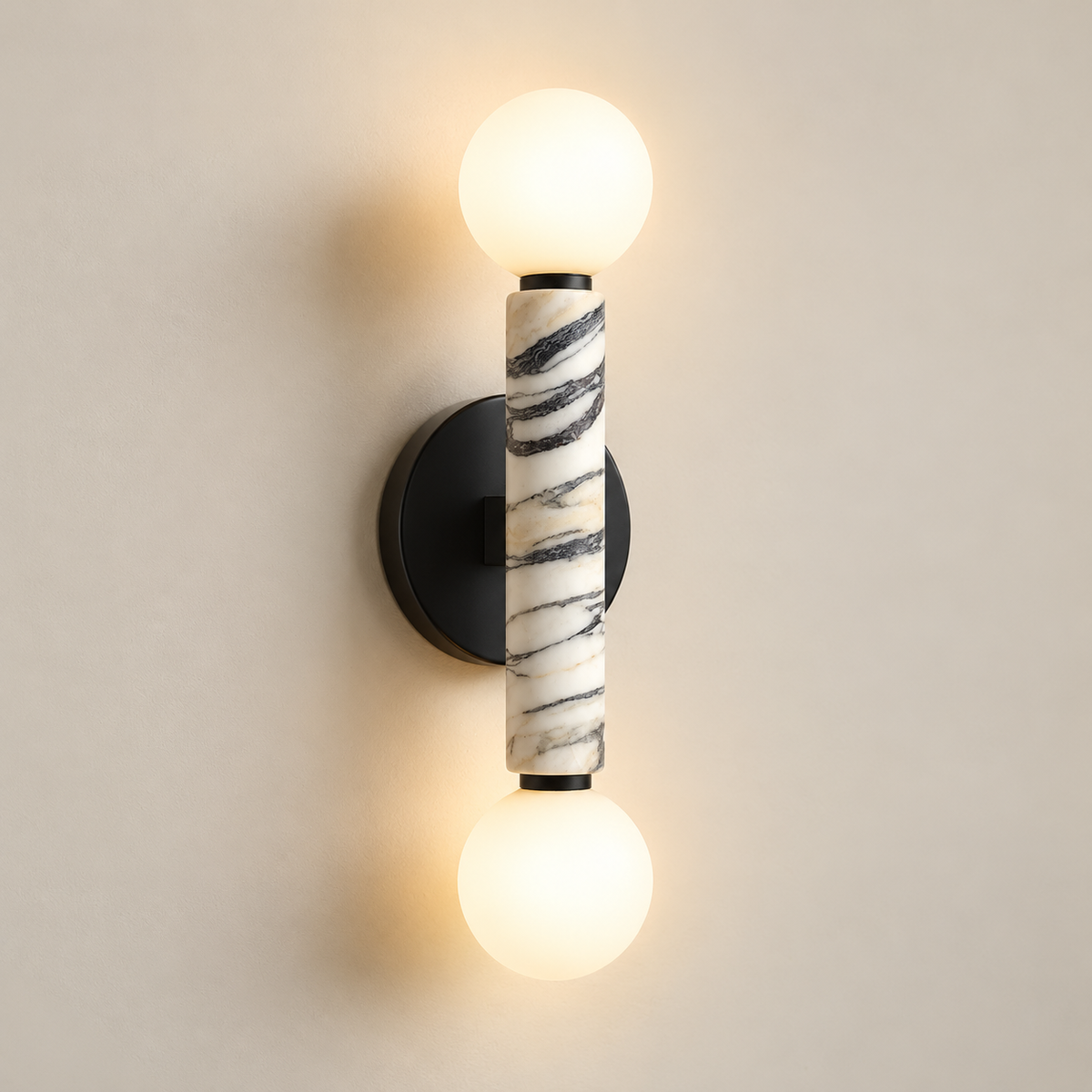 Darime Double Marble Globe Wall Sconce on a warm greige background