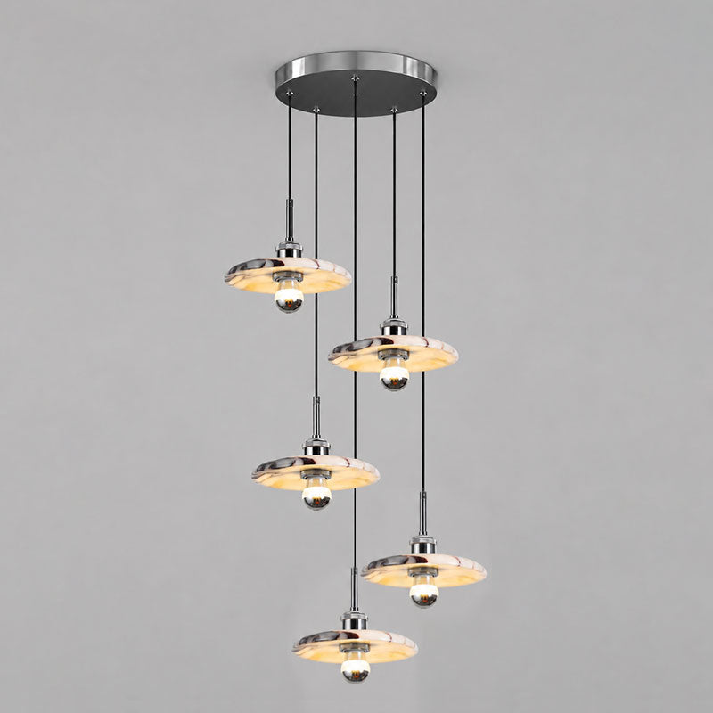 Zat Mid-Century Marble Cluster Chandelier — 5 heads D 30cm x H 200cm / ∅ 11.8″ x H 78.7″; Polished Chrome & White marble