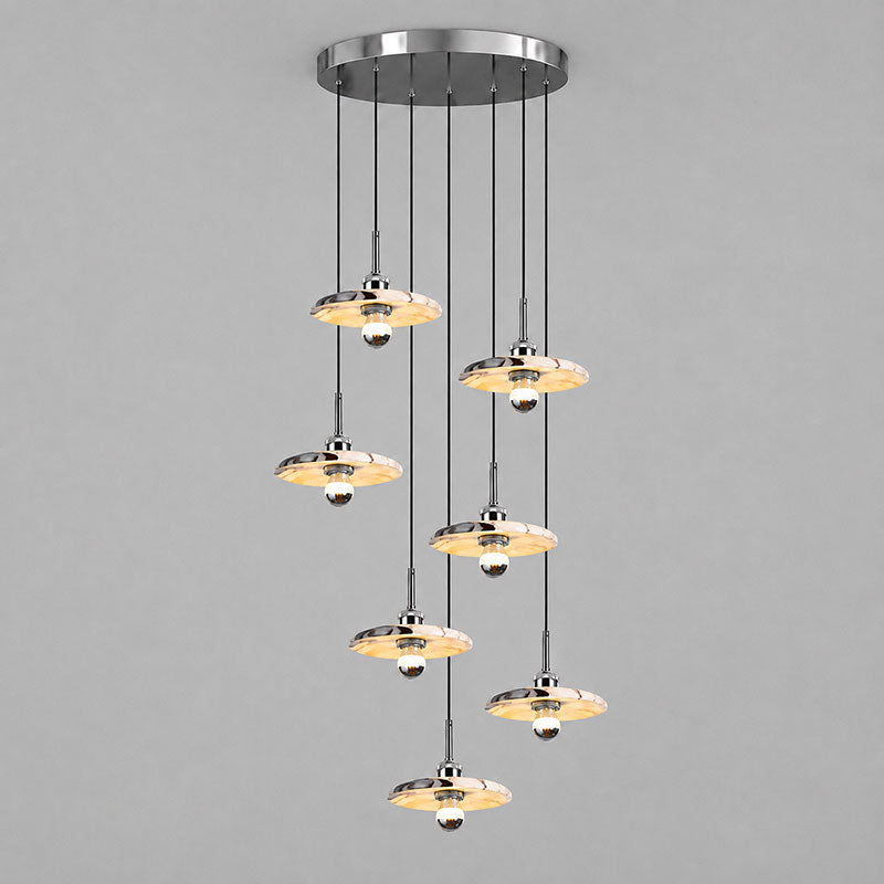 Zat Mid-Century Marble Cluster Chandelier — 7 heads D 40cm x H 250cm / ∅ 15.7″ x H 98.4″; Polished Chrome & White marble