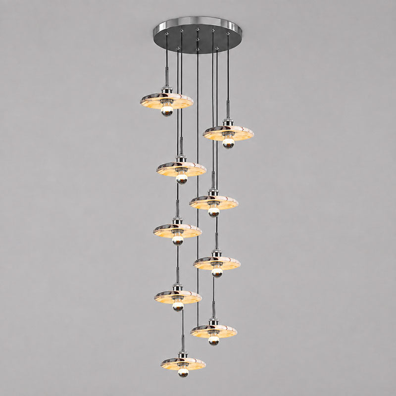 Zat Mid-Century Marble Cluster Chandelier — 9 heads D 40cm x H 400cm / ∅ 19.7″ x H 157.5″; Polished Chrome & White marble