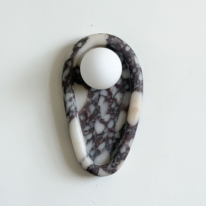 Nidus Organic Modern Marble Wall Sconce — Model A : ∅ 6.3″ x W 3.5″ x H 11″; Purple; White glass