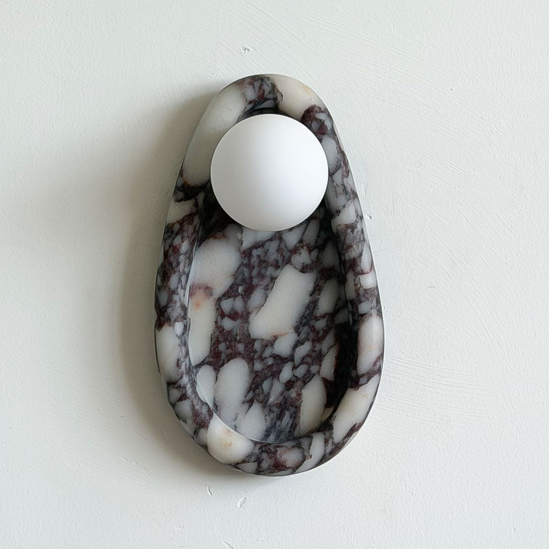 Nidus Organic Modern Marble Wall Sconce — Model B : ∅ 6.3″ x W 3.5″ x H 11″; Purple; White glass