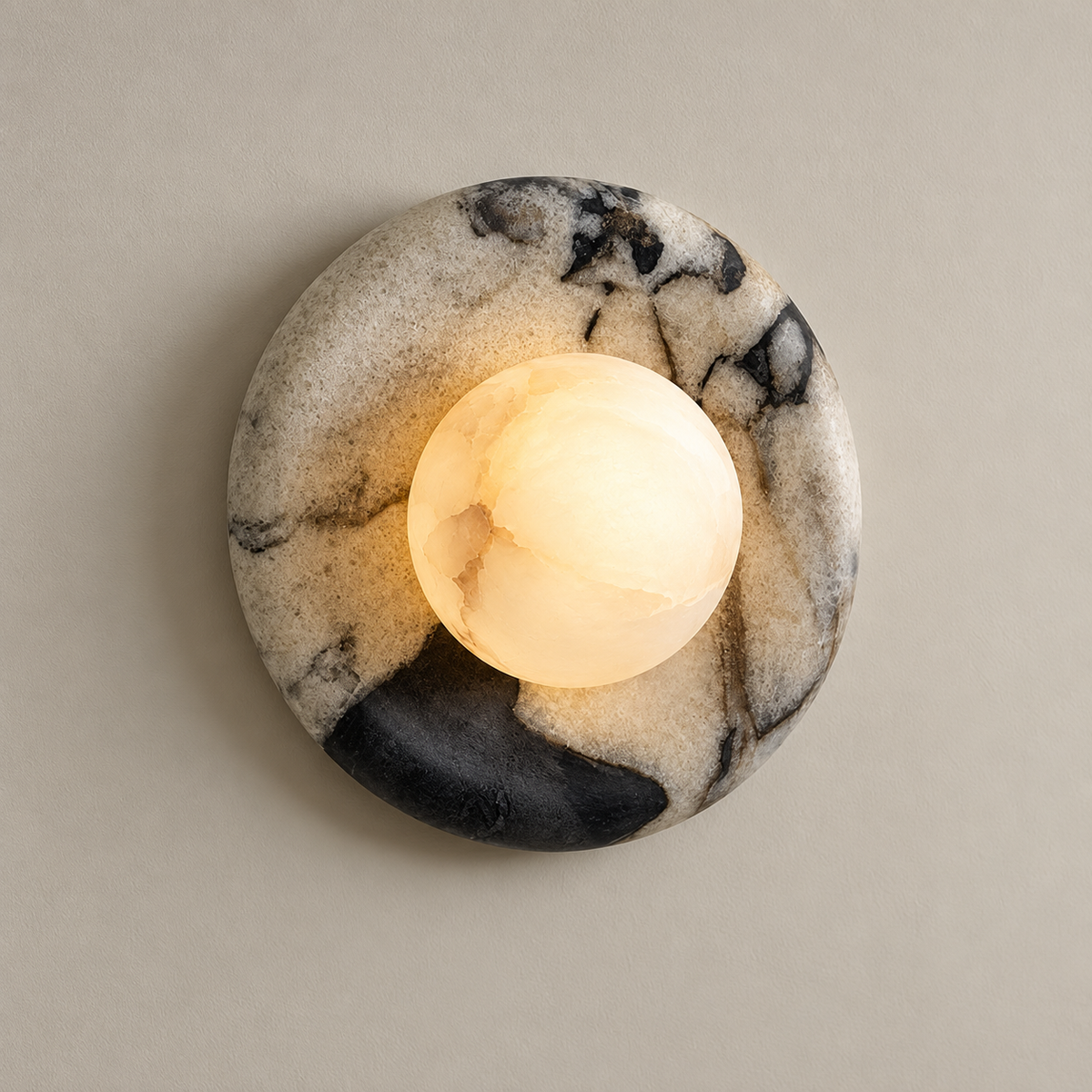 Orli Organic Modern Marble Alabaster Wall Sconce on a warm greige background