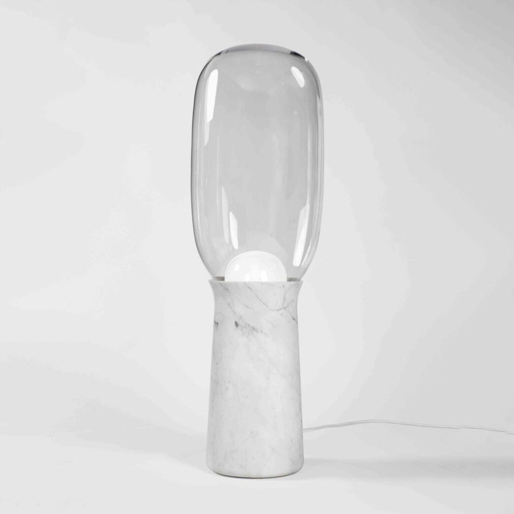 Torch Marble LED Floor Lamp — D 28cm x H 90cm / ∅ 11" x H 35.4" (Warm Light); White Marble & Clear glass