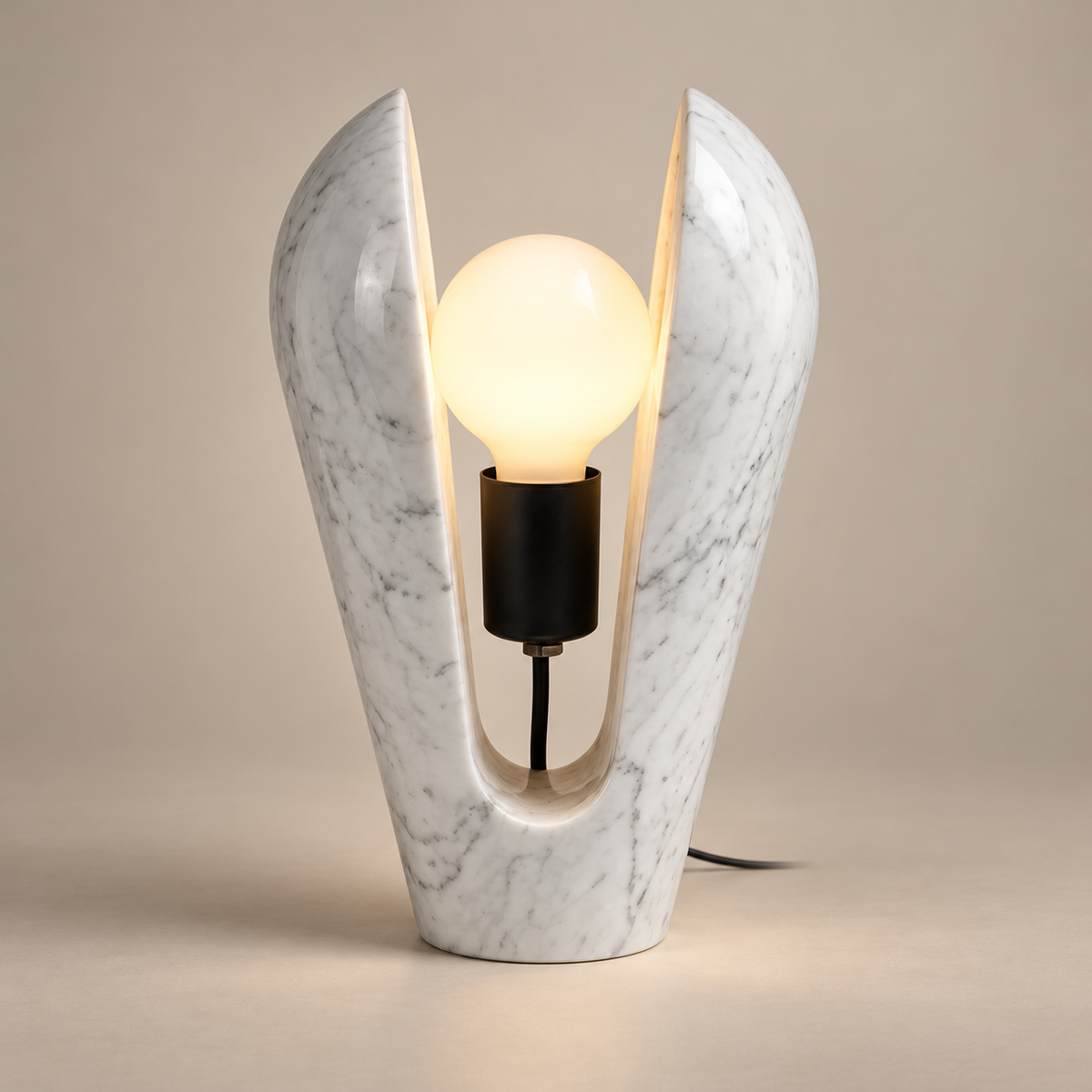 Victoire Art Deco Marble Table Lamp on a warm greige background; White marble open tulip table lamp