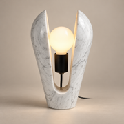 Victoire Art Deco Marble Table Lamp on a warm greige background; White marble open tulip table lamp